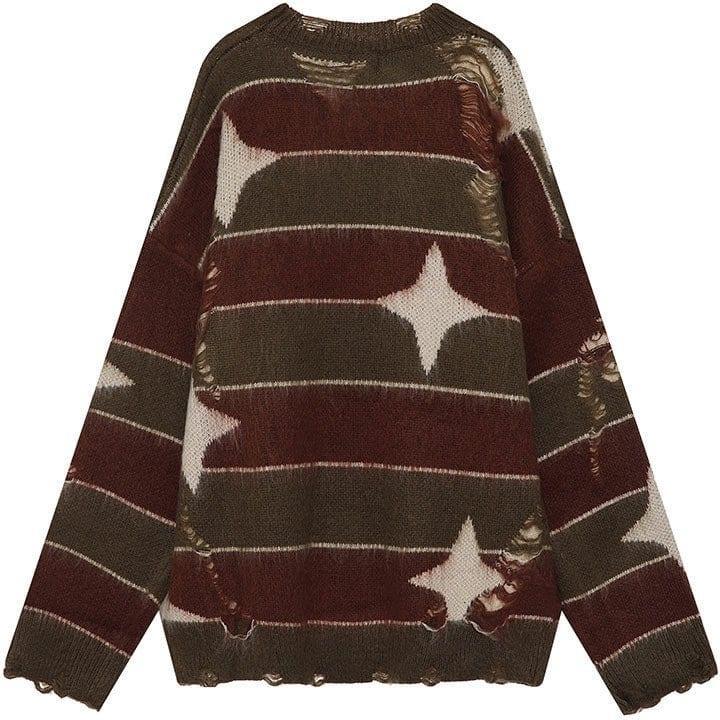 Tntwear® Ripped Striped Knit Sweater Star - tntwear1