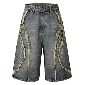 Tntwear® Retro Washed Fringe Denim Shorts - tntwear1