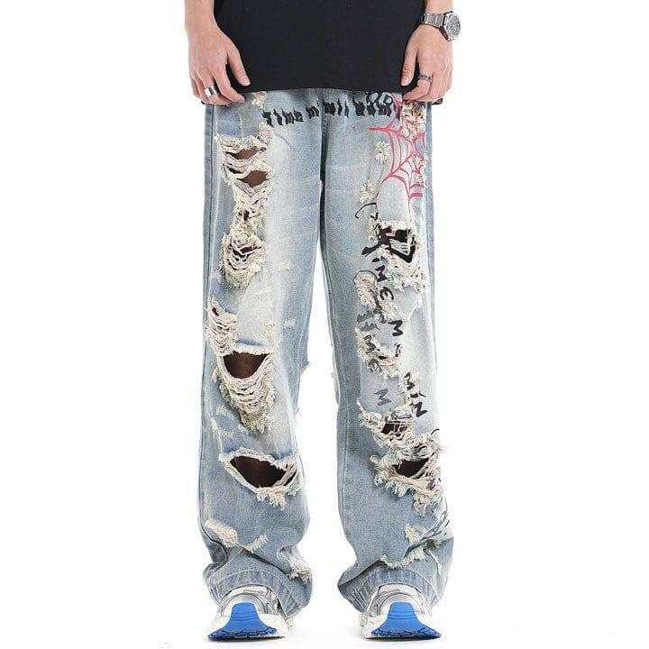 Tntwear® Light Blue Ripped Jeans Spider Web - tntwear1