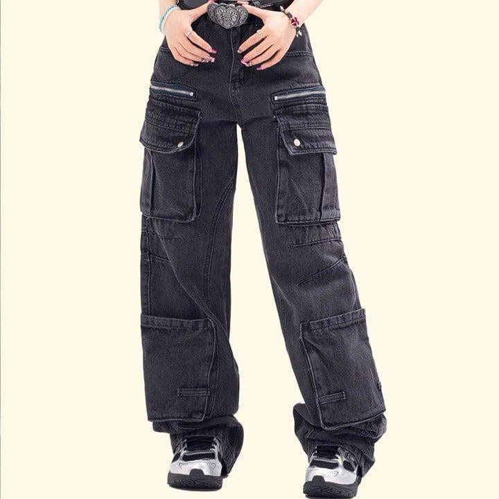 Tntwear® Black Cargo Jeans Pleated Pockets - tntwear1
