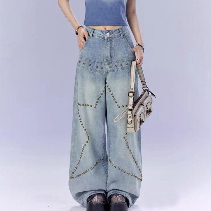 Tntwear® High Waist Star Rivet Wide Leg Jeans - tntwear1