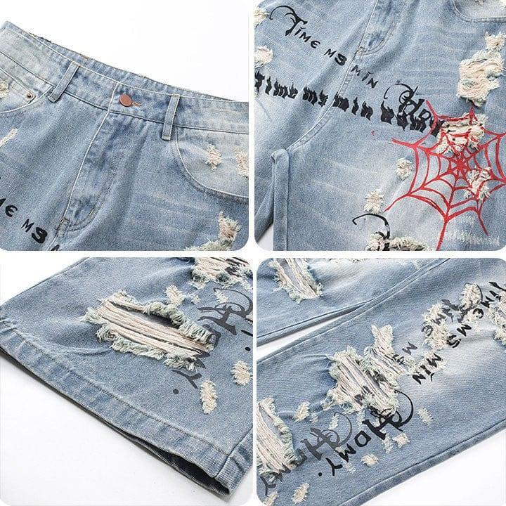 Tntwear® Light Blue Ripped Jeans Spider Web - tntwear1