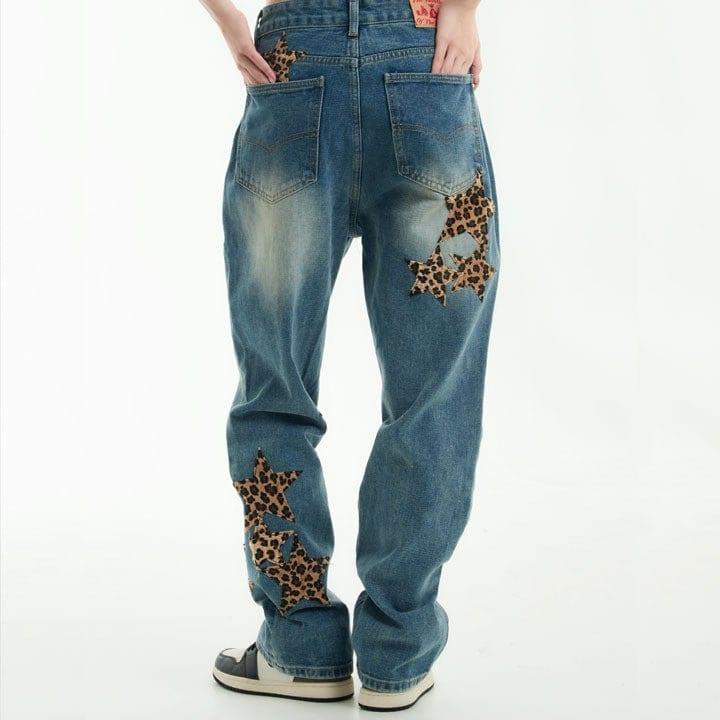 Tntwear® Straight Leg Jeans Leopard Star Patch - tntwear1