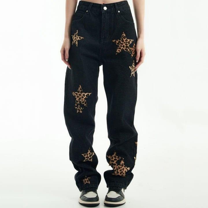 Tntwear® Straight Leg Jeans Leopard Star Patch - tntwear1