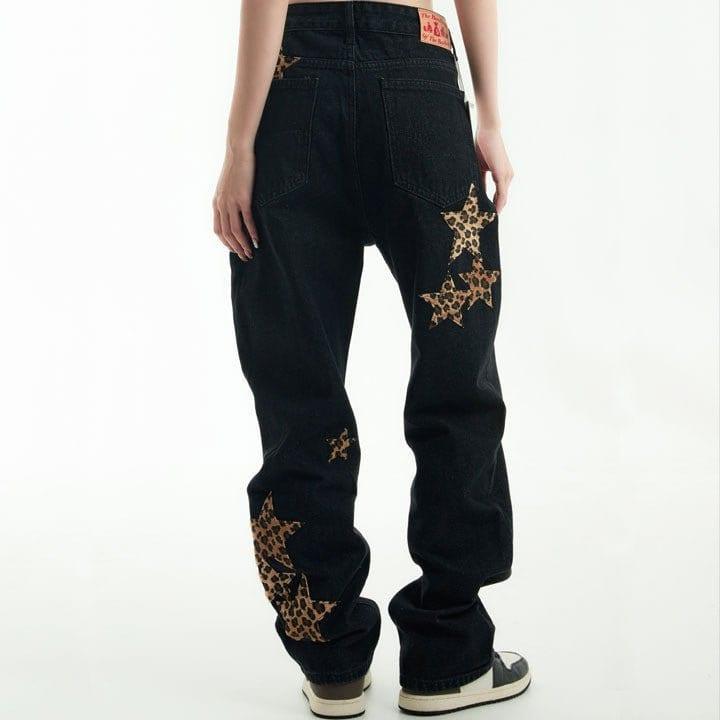 Tntwear® Straight Leg Jeans Leopard Star Patch - tntwear1