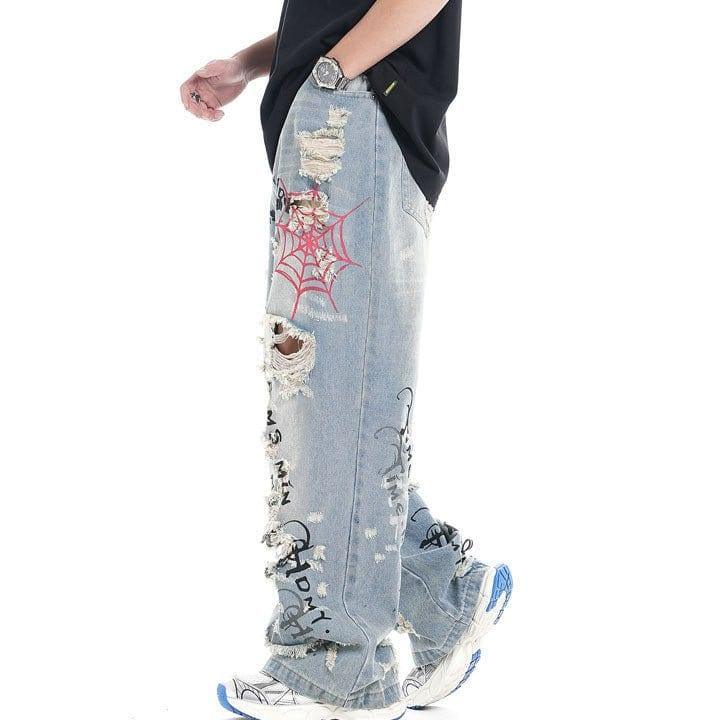 Tntwear® Light Blue Ripped Jeans Spider Web - tntwear1