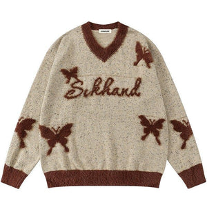 Tntwear® Fleece V-Neck Knit Sweater Butterfly - tntwear1