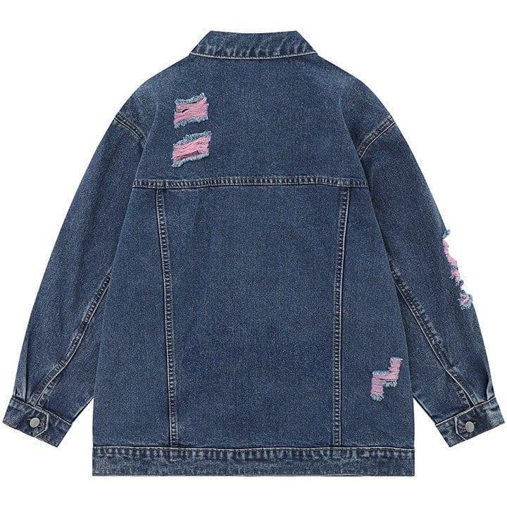 Tntwear® Distressed Washed Denim Jacket Heart Print - tntwear1