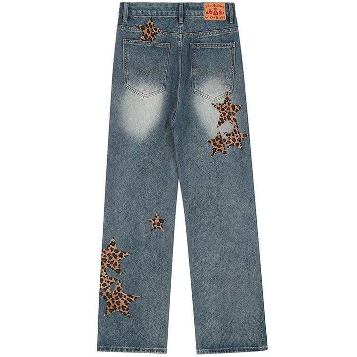 Tntwear® Straight Leg Jeans Leopard Star Patch - tntwear1