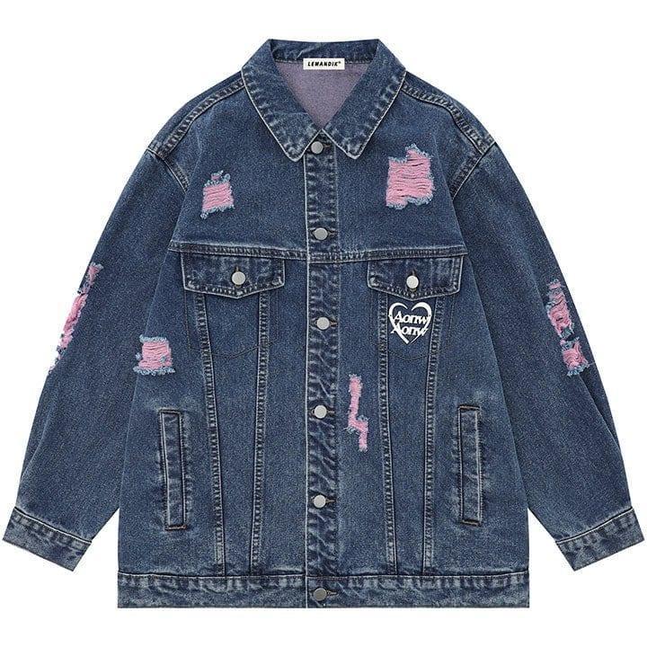 Tntwear® Distressed Washed Denim Jacket Heart Print - tntwear1