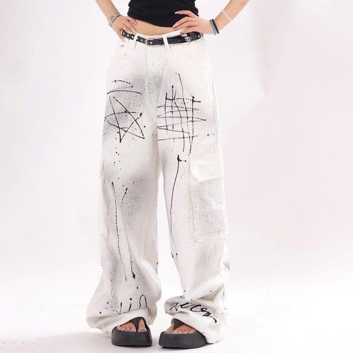 Tntwear® White Ink Graffiti Cargo Jeans - tntwear1
