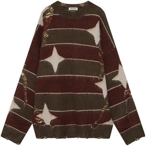 Tntwear® Ripped Striped Knit Sweater Star - tntwear1