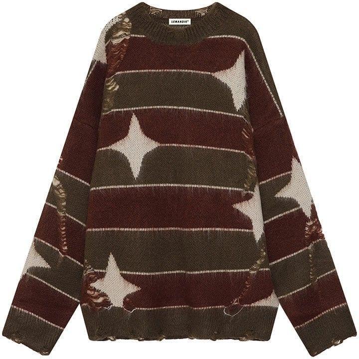 Tntwear® Ripped Striped Knit Sweater Star - tntwear1