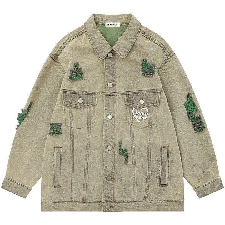 Tntwear® Distressed Washed Denim Jacket Heart Print - tntwear1