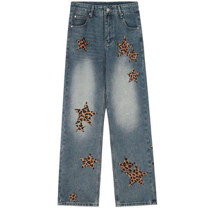 Tntwear® Straight Leg Jeans Leopard Star Patch - tntwear1