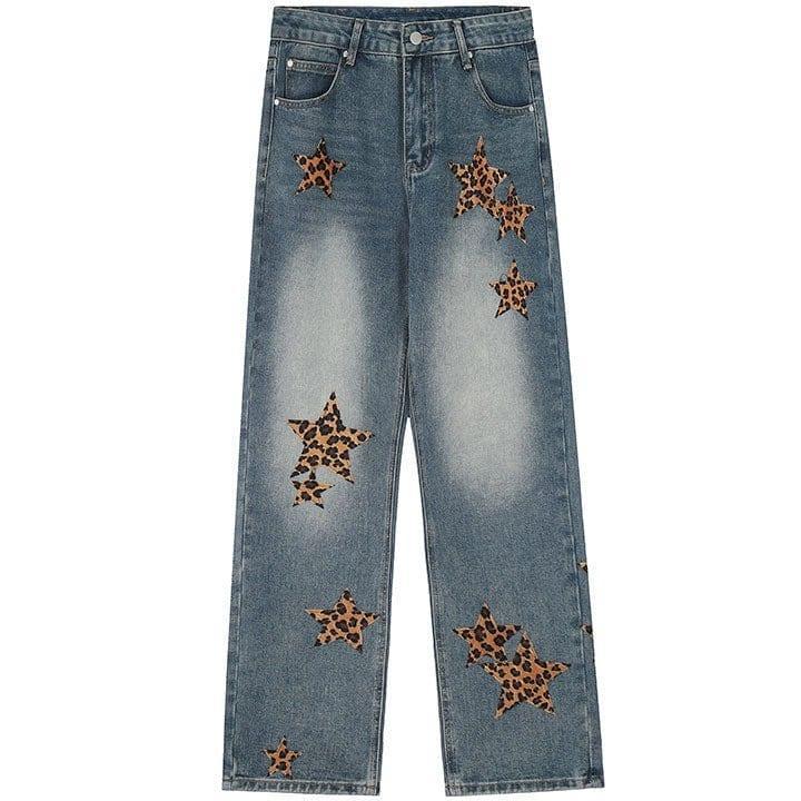 Tntwear® Straight Leg Jeans Leopard Star Patch - tntwear1