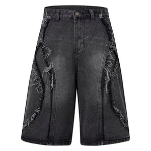 Tntwear® Retro Washed Fringe Denim Shorts - tntwear1