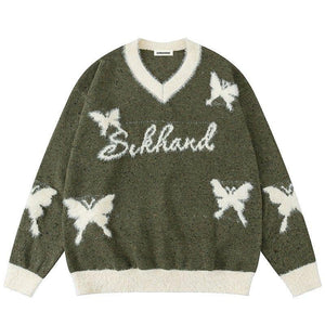 Tntwear® Fleece V-Neck Knit Sweater Butterfly - tntwear1