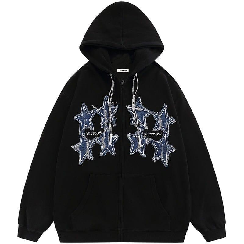 Tntwear® Fall Zipper Hoodie Denim Stars Patch - tntwear1
