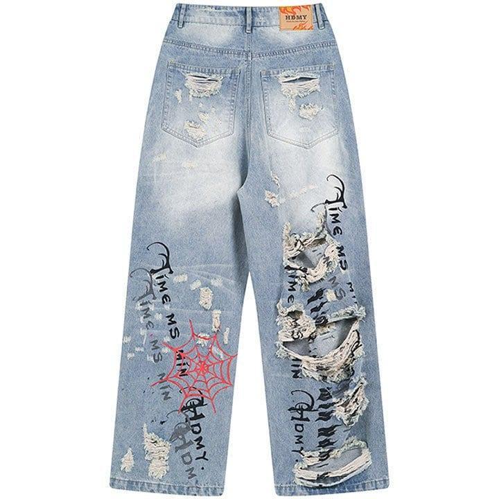 Tntwear® Light Blue Ripped Jeans Spider Web - tntwear1