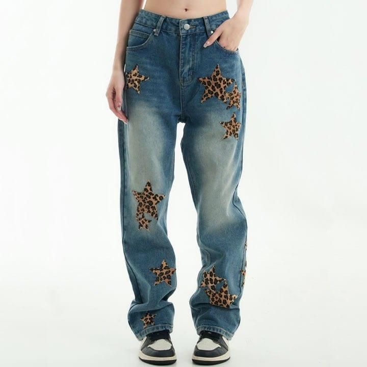 Tntwear® Straight Leg Jeans Leopard Star Patch - tntwear1