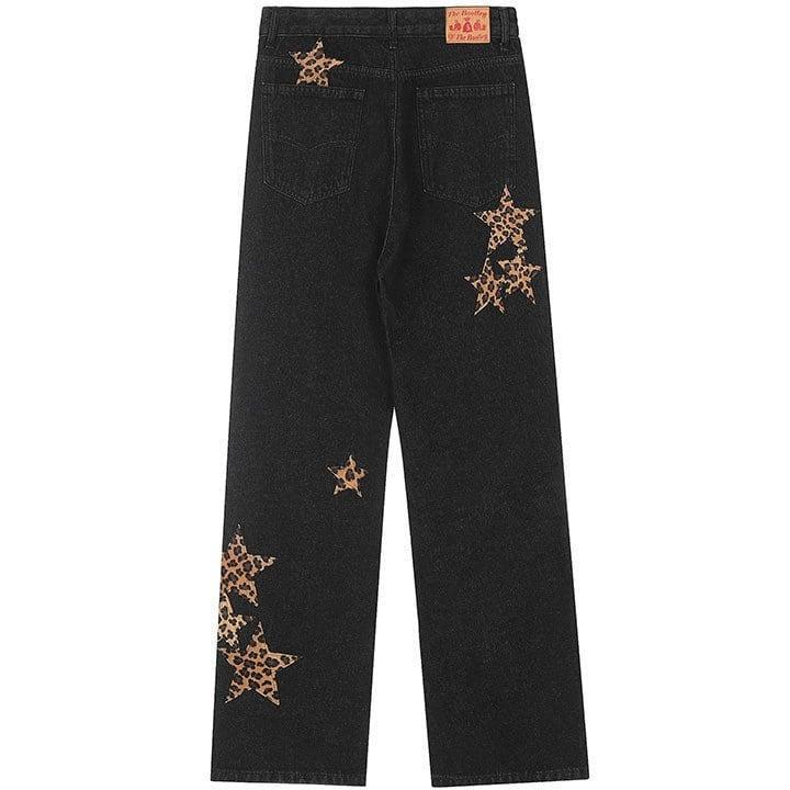 Tntwear® Straight Leg Jeans Leopard Star Patch - tntwear1