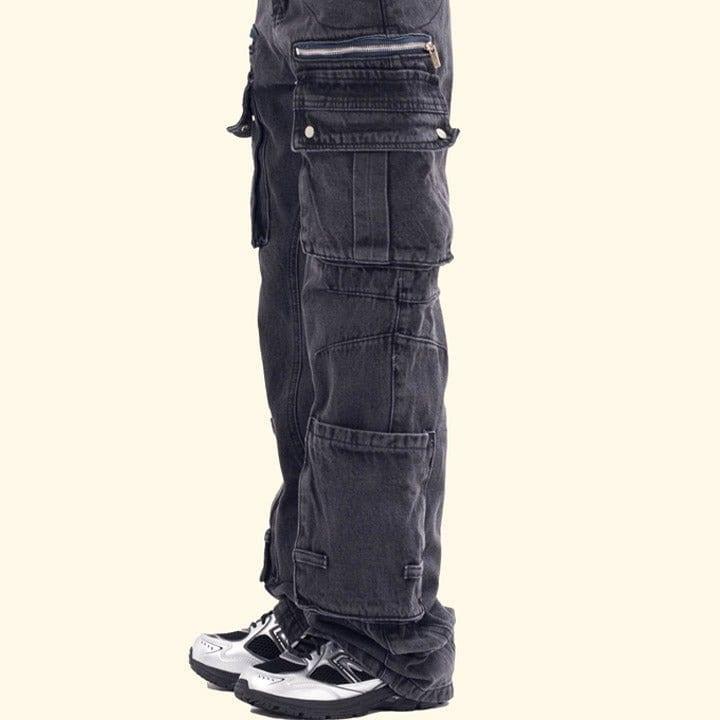 Tntwear® Black Cargo Jeans Pleated Pockets - tntwear1