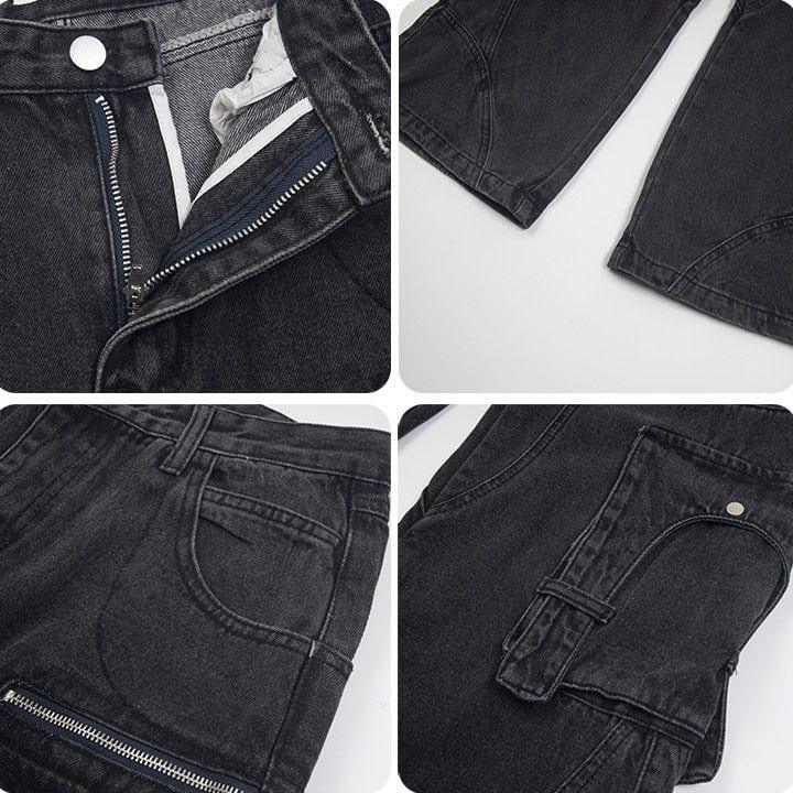 Tntwear® Black Cargo Jeans Pleated Pockets - tntwear1