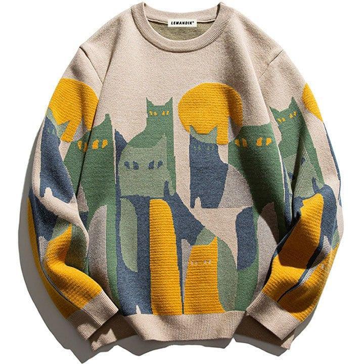 Tntwear® Japanese Knitted Sweater Abstract Cat - tntwear1