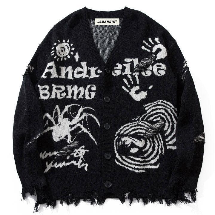 Tntwear® Ripped Sweater Cardigan Spider Print - tntwear1
