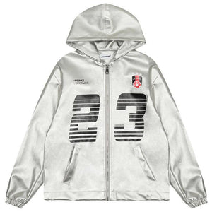 Tntwear® Silver Faux Leather Zipper Hoodie 23 Print - tntwear1