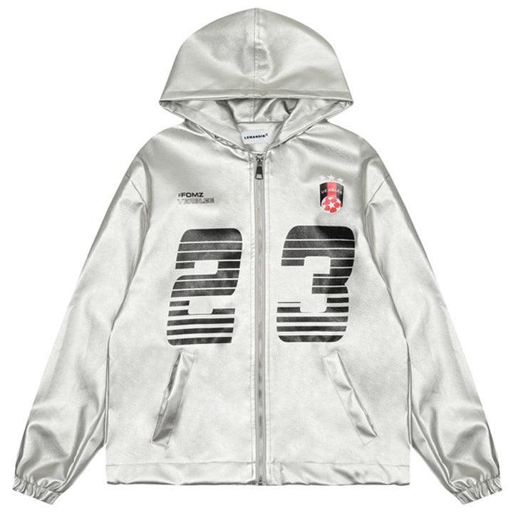 Tntwear® Silver Faux Leather Zipper Hoodie 23 Print - tntwear1