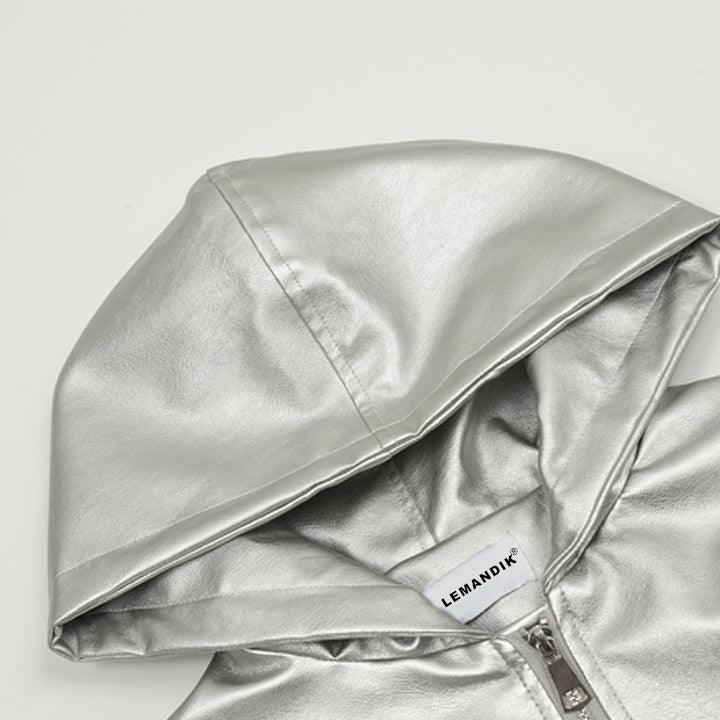 Tntwear® Silver Faux Leather Zipper Hoodie 23 Print - tntwear1
