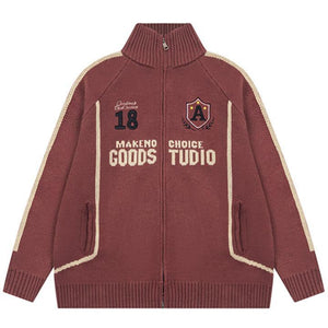 Tntwear® High Neck Zipper Knit Sweater Letter Patch - tntwear1