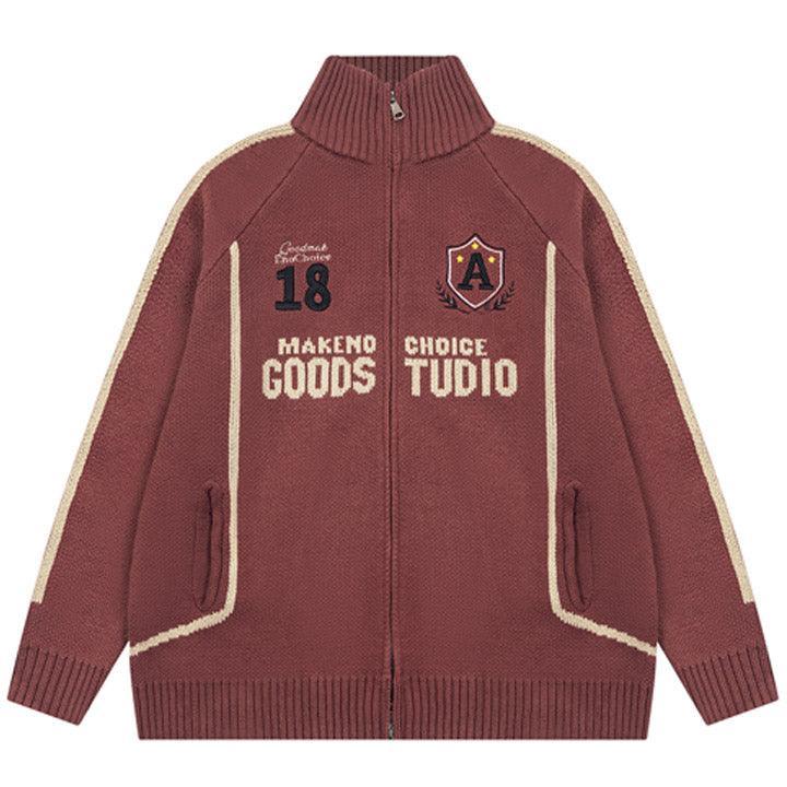 Tntwear® High Neck Zipper Knit Sweater Letter Patch - tntwear1