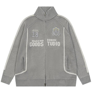 Tntwear® High Neck Zipper Knit Sweater Letter Patch - tntwear1