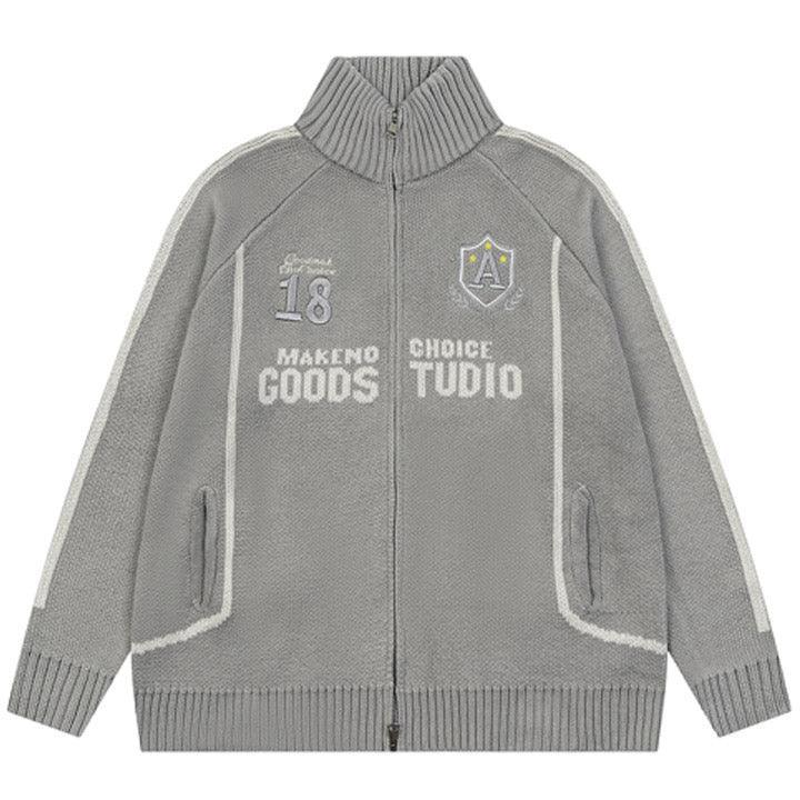 Tntwear® High Neck Zipper Knit Sweater Letter Patch - tntwear1