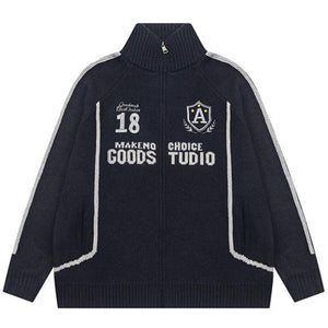 Tntwear® High Neck Zipper Knit Sweater Letter Patch - tntwear1