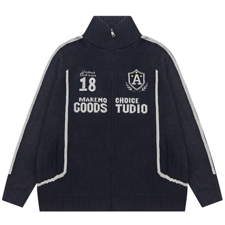 Tntwear® High Neck Zipper Knit Sweater Letter Patch - tntwear1