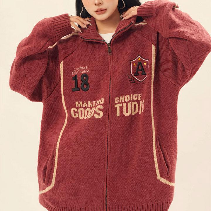 Tntwear® High Neck Zipper Knit Sweater Letter Patch - tntwear1