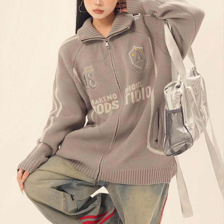 Tntwear® High Neck Zipper Knit Sweater Letter Patch - tntwear1